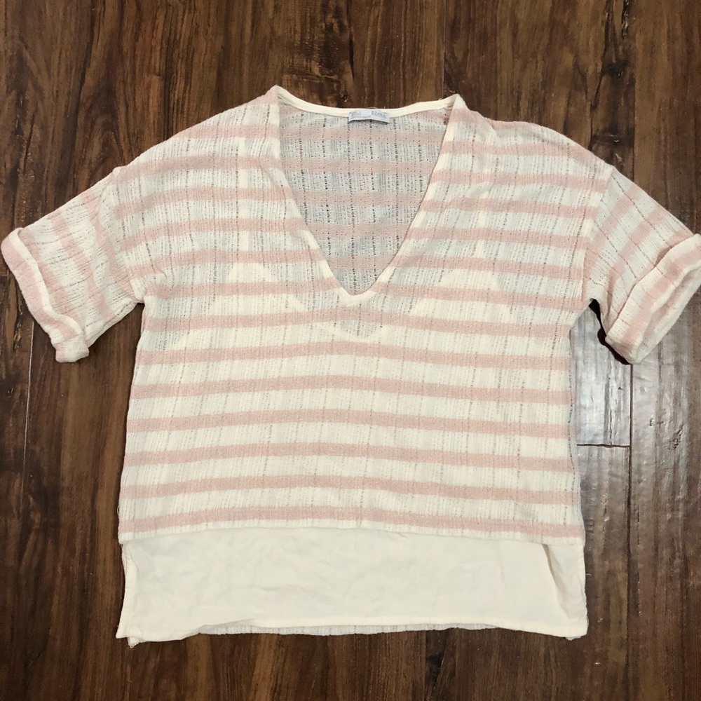 Zara Pink and White Striped Crop Top Short Sleeve